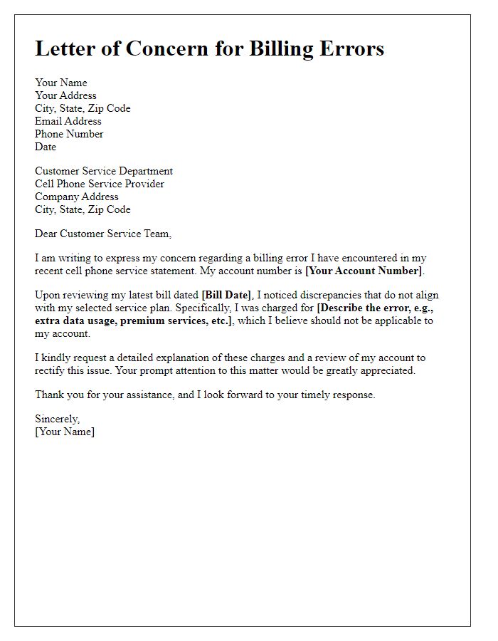 Letter template of concern for billing errors in cell phone service plan