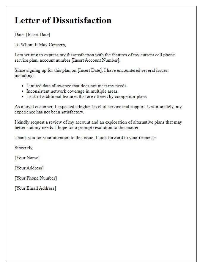 Letter template of dissatisfaction with cell phone service plan features