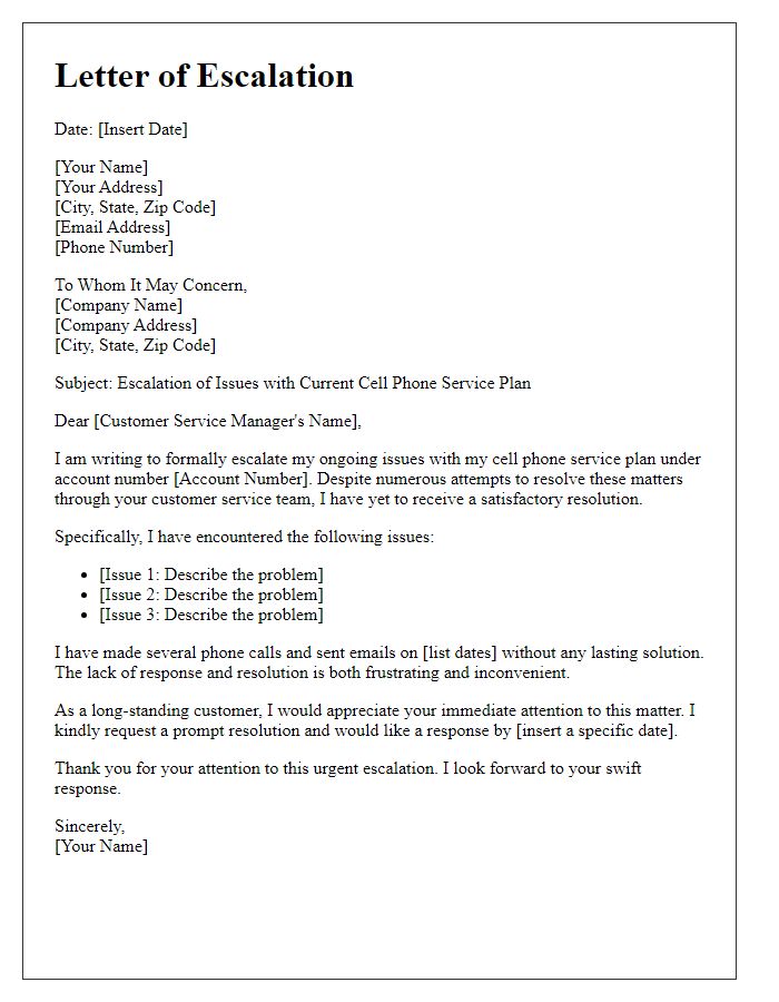 Letter template of escalation of issues with current cell phone service plan