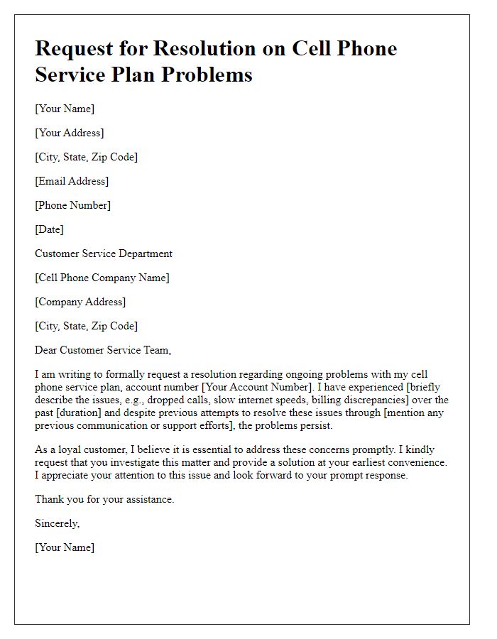 Letter template of request for resolution on cell phone service plan problems