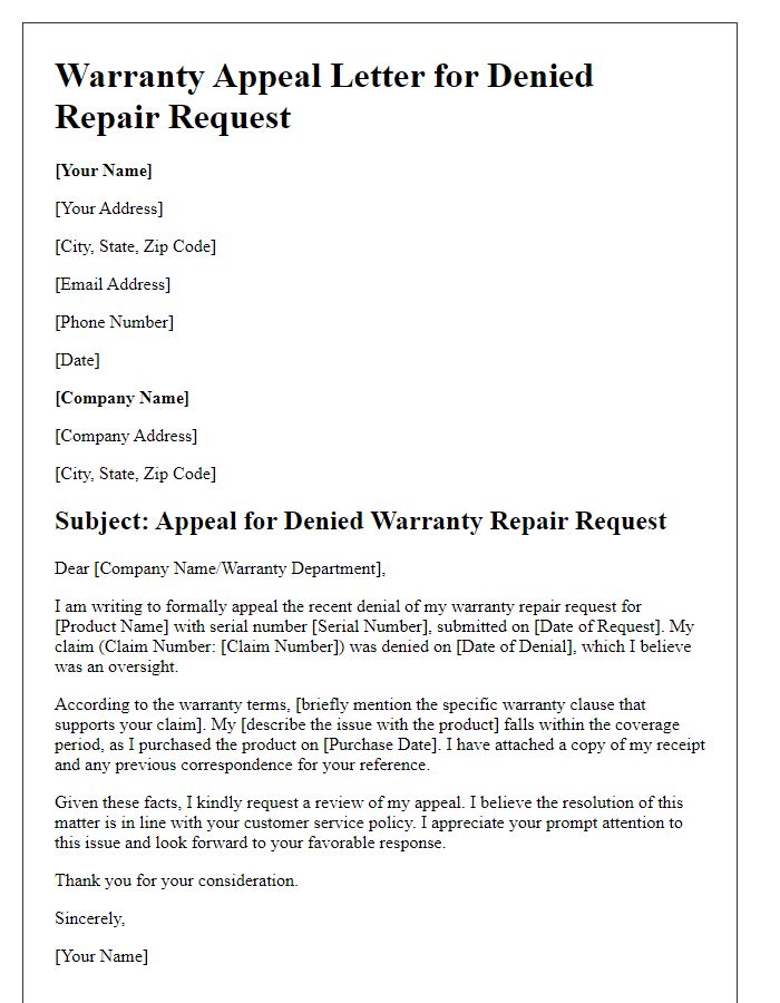 Letter template of warranty appeal for denied repair request.