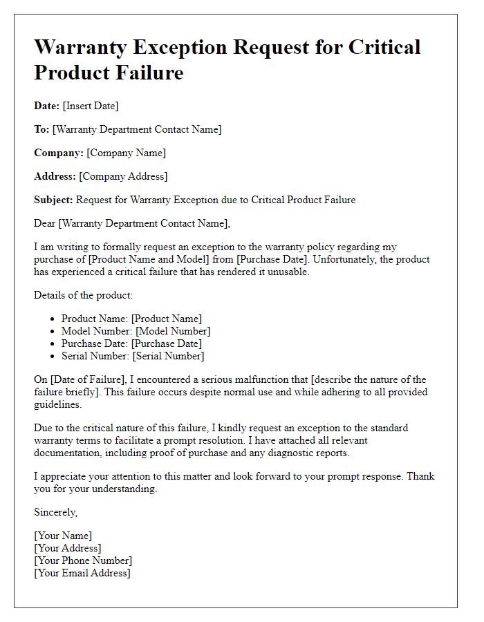 Letter template of warranty exception request for critical product failure.