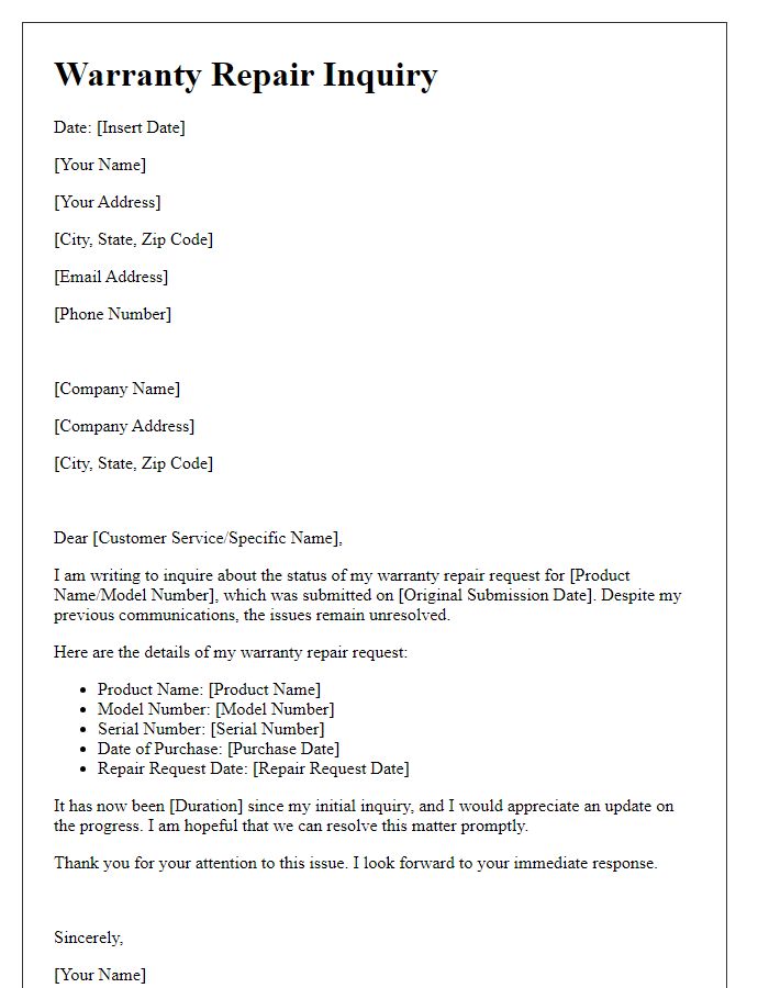 Letter template of warranty repair inquiry for unresolved issues.