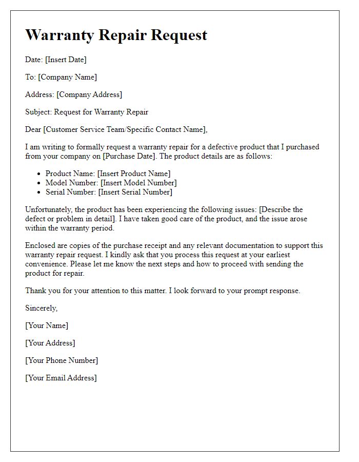 Letter template of warranty repair request for defective product.