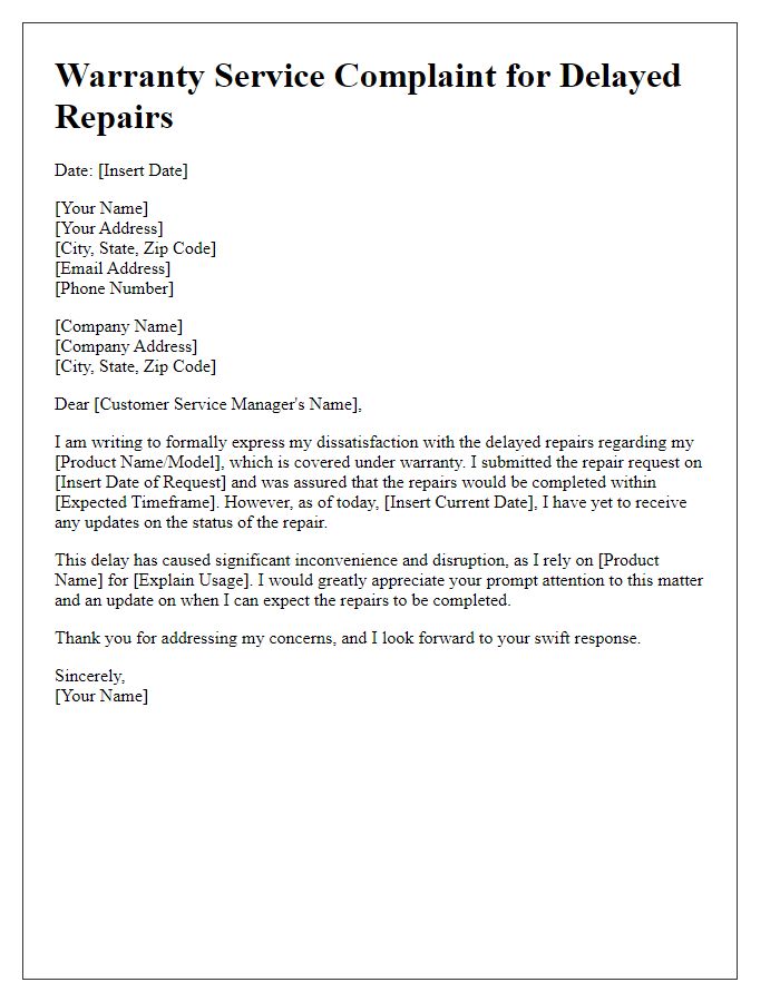 Letter template of warranty service complaint for delayed repairs.