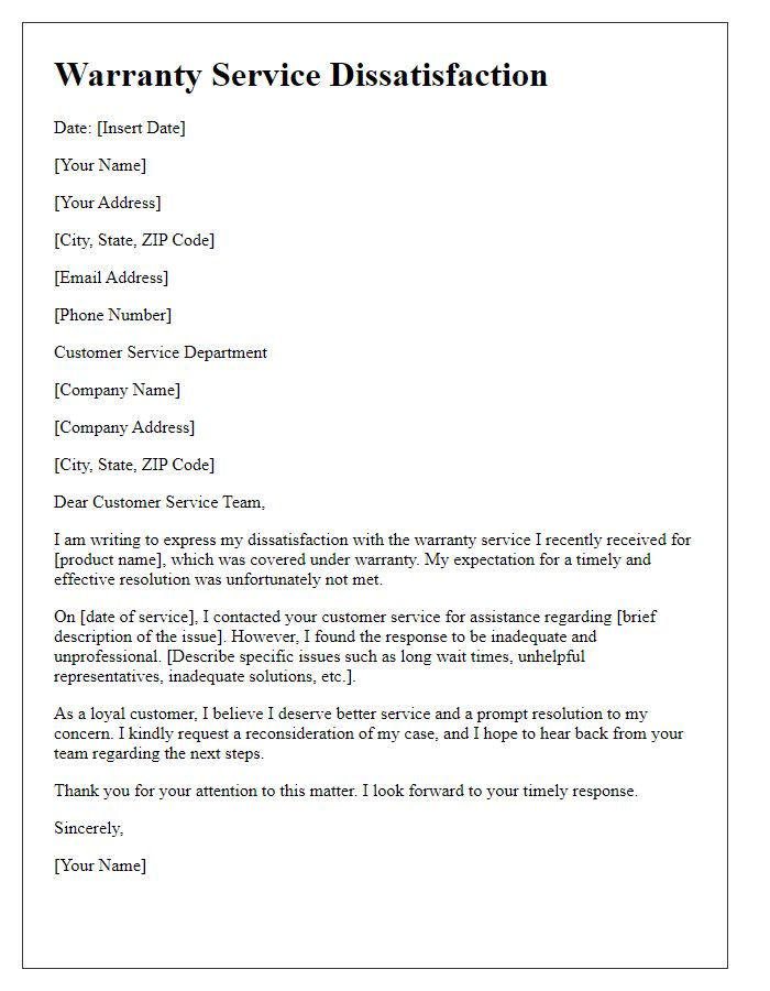 Letter template of warranty service dissatisfaction for poor customer service.