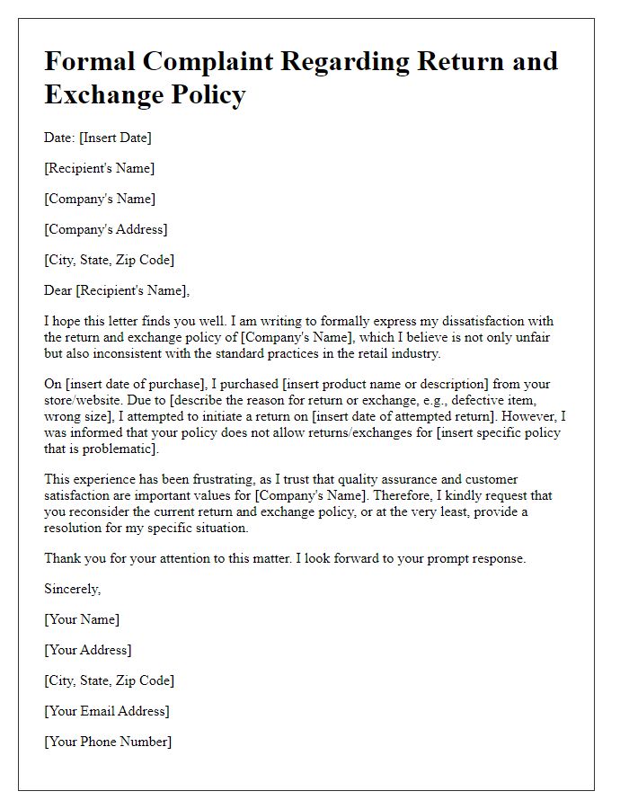 Letter template of formal complaint about return and exchange policy