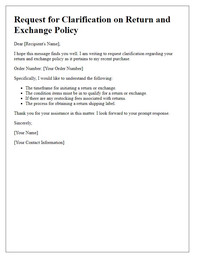 Letter template of return and exchange policy clarification request