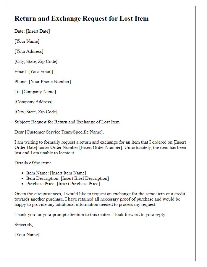 Letter template of return and exchange request for lost item