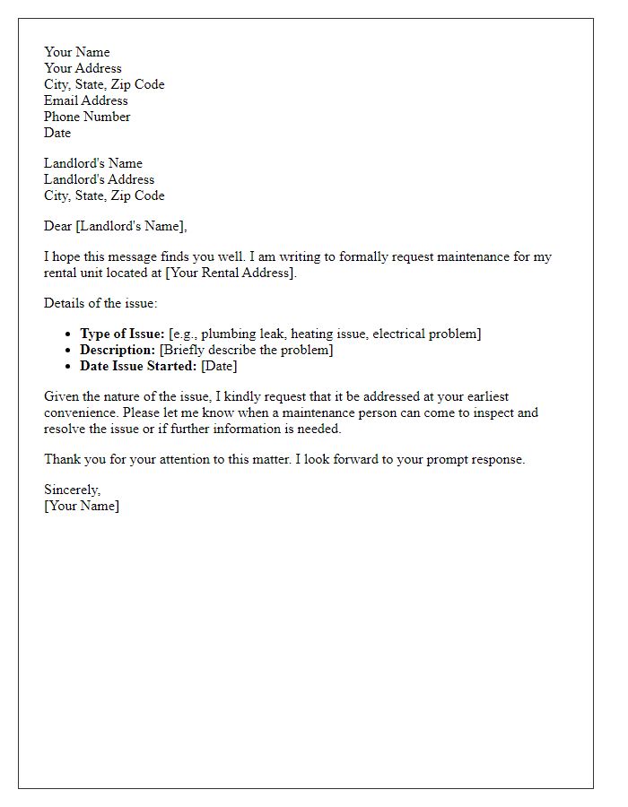 Letter template of formal maintenance request for rental property.