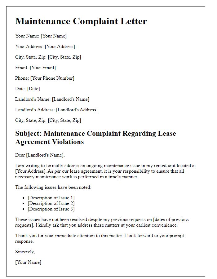 Letter template of maintenance complaint for lease agreement violations.