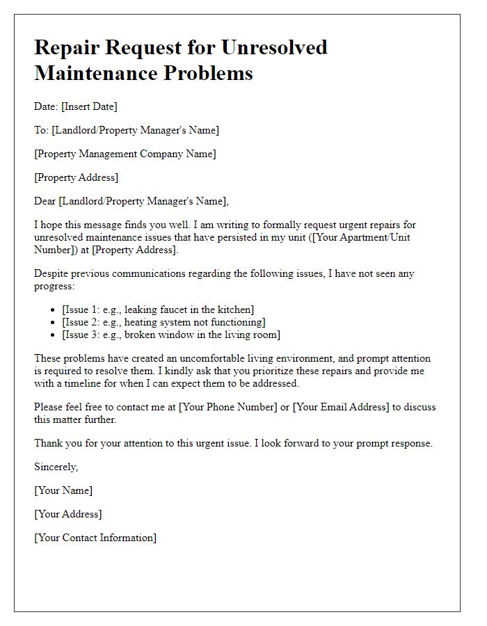 Letter template of repair request for unresolved maintenance problems.