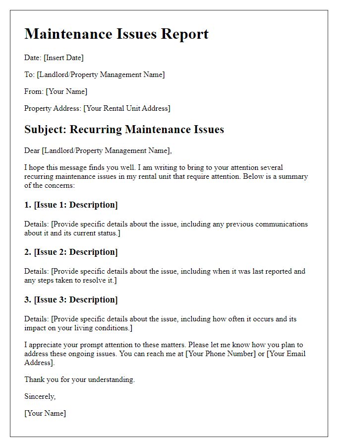 Letter template of report on recurring maintenance issues in rental.