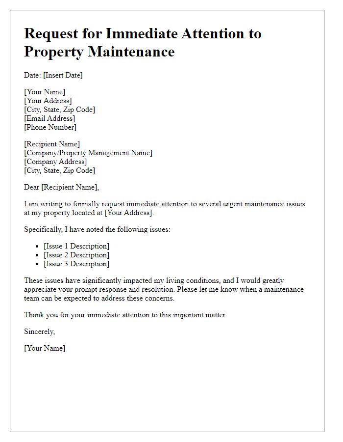 Letter template of request for immediate attention to property maintenance.