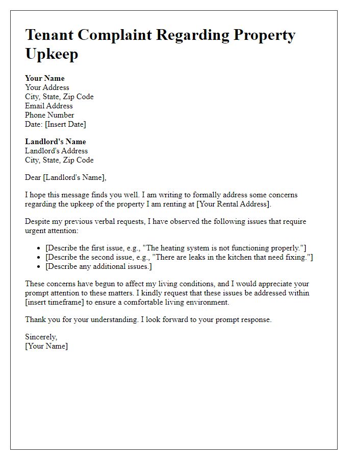 Letter template of tenant complaint regarding property upkeep.