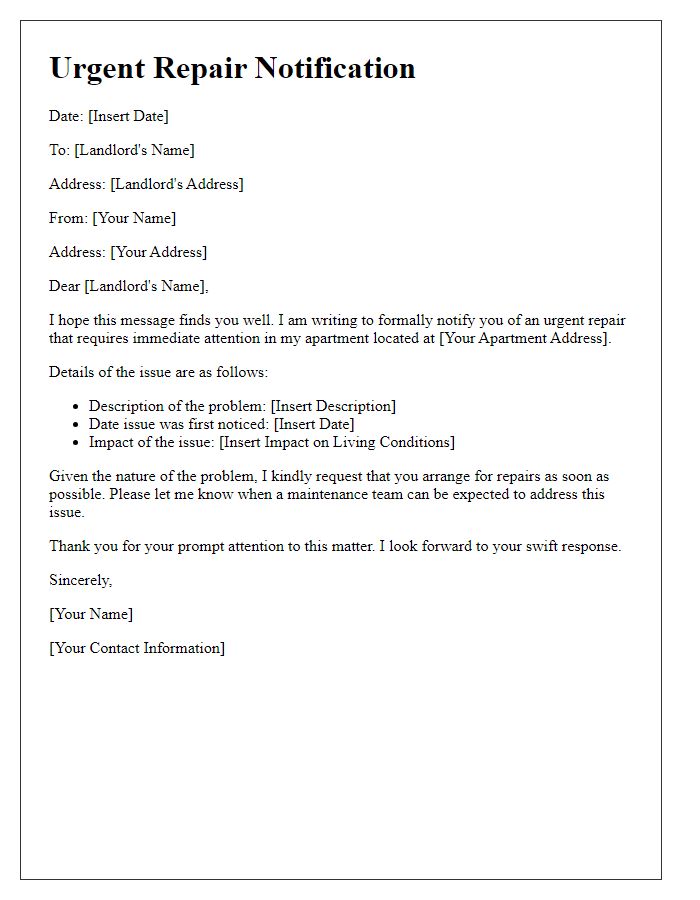 Letter template of urgent repair notification for landlord.