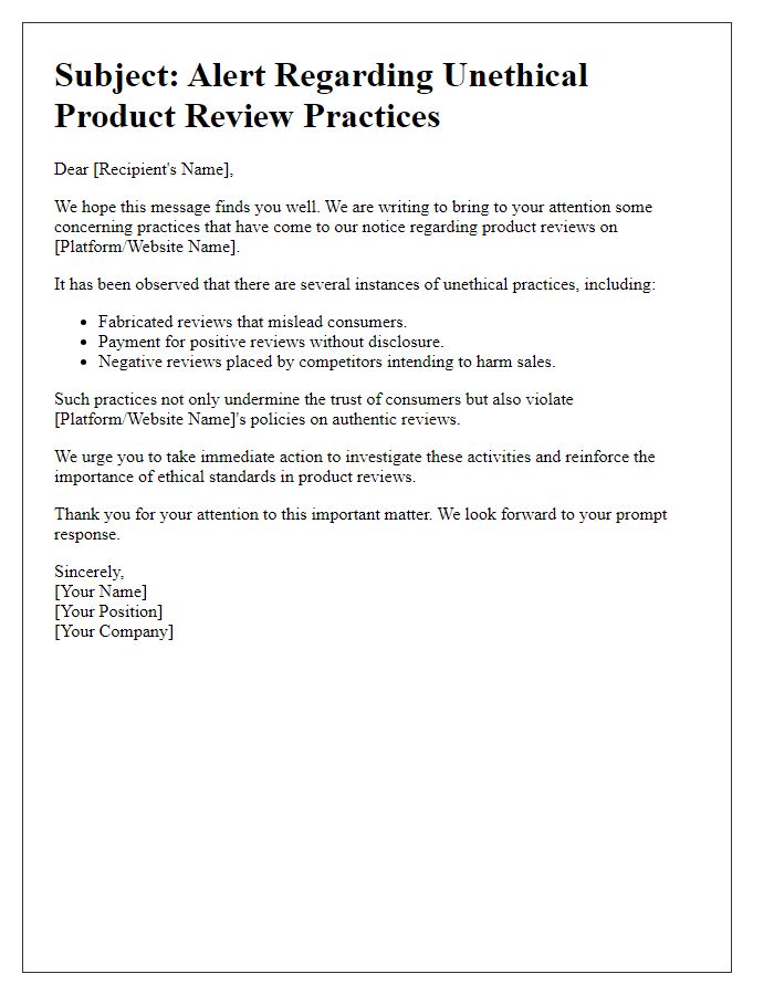 Letter template of alert about unethical product review practices