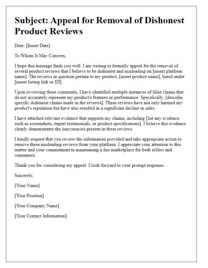 Letter template of appeal for removal of dishonest product reviews