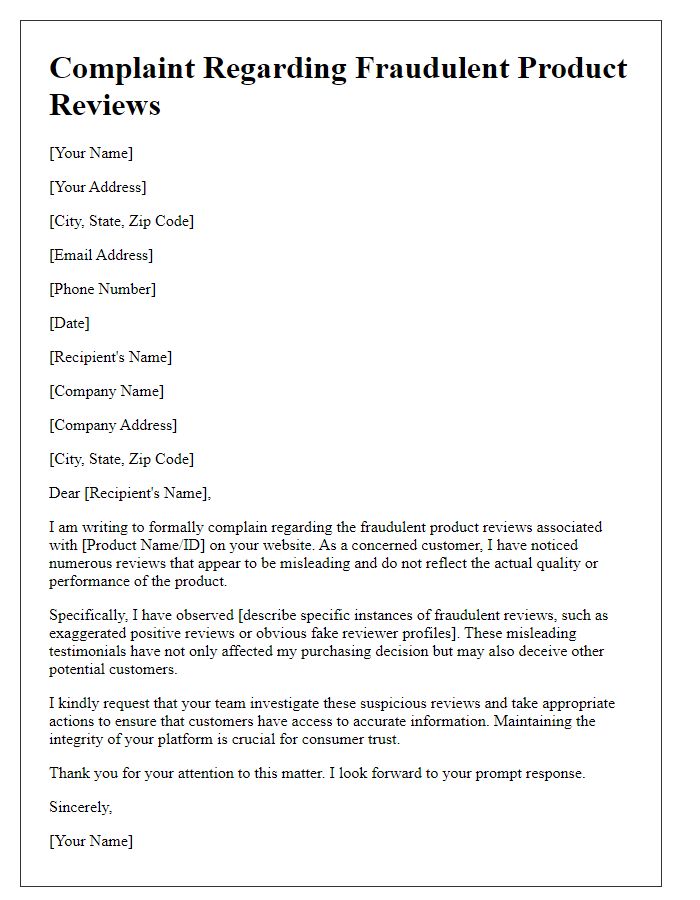 Letter template of complaint regarding fraudulent product reviews