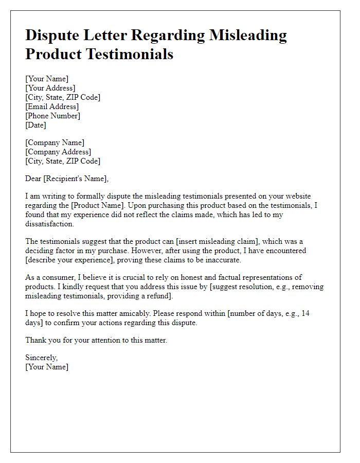 Letter template of dispute about misleading product testimonials