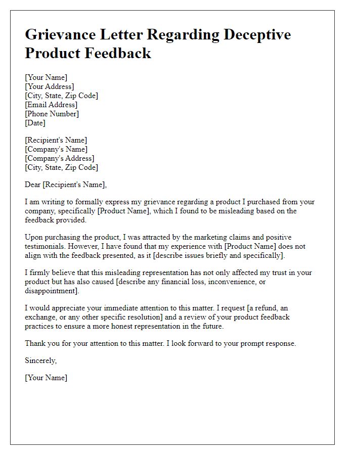 Letter template of grievance regarding deceptive product feedback