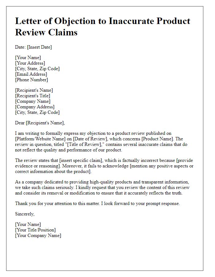 Letter template of objection to inaccurate product review claims