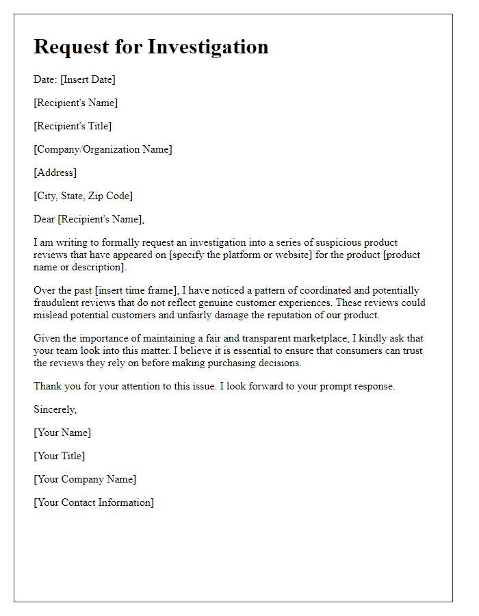 Letter template of request for investigation into suspicious product reviews