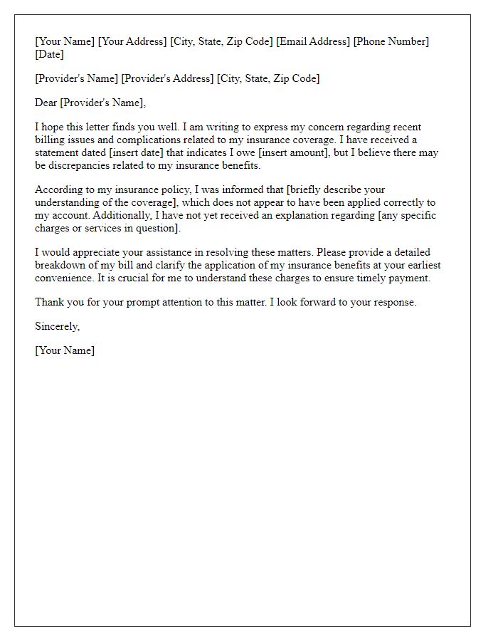 Letter template of concern about billing and insurance issues with provider.