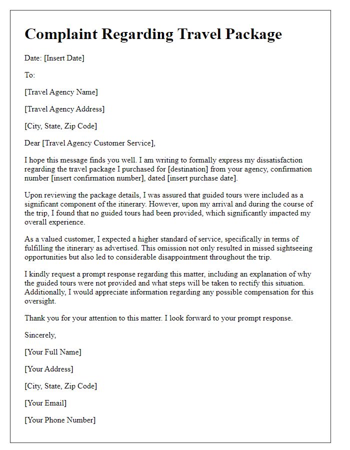 Letter template of travel agency package issue complaint about lacking guided tours.