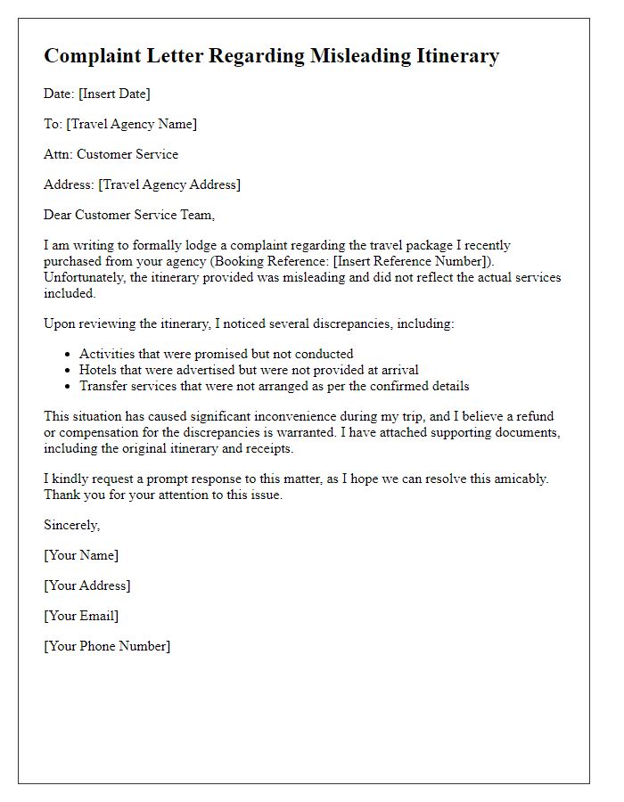 Letter template of travel agency package issue complaint about misleading itinerary.