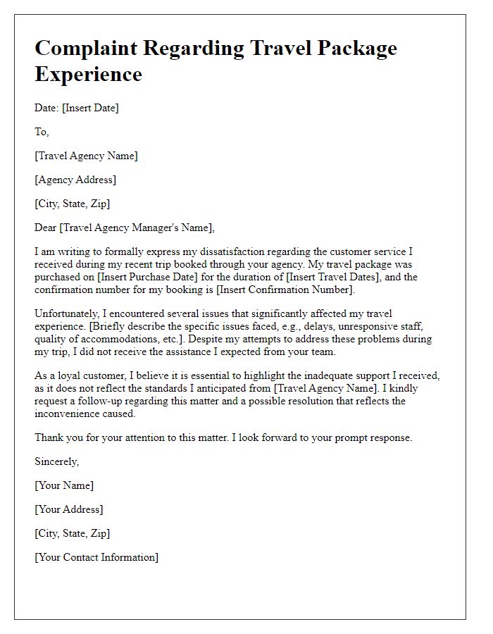 Letter template of travel agency package issue complaint due to poor customer service.