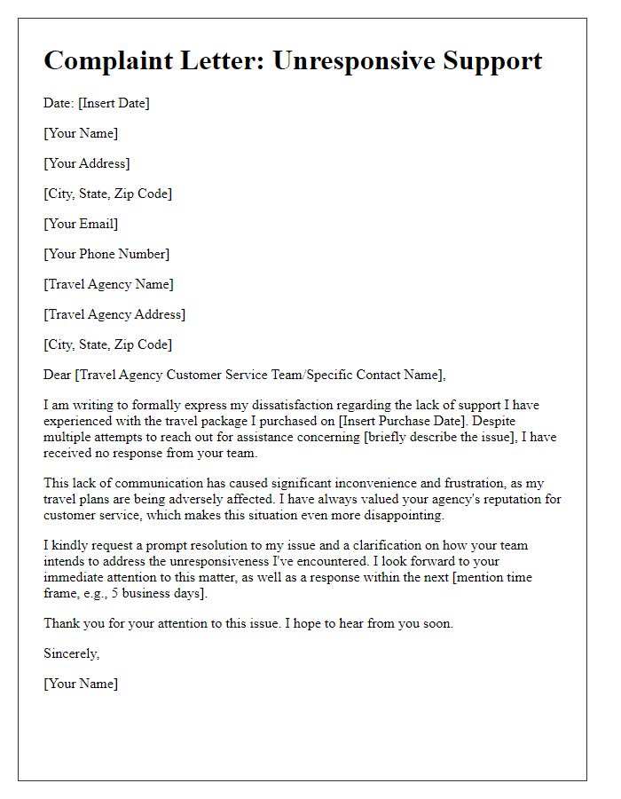 Letter template of travel agency package issue complaint regarding unresponsive support.