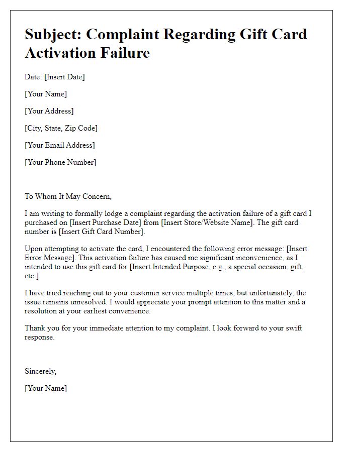 Letter template of gift card activation failure complaint