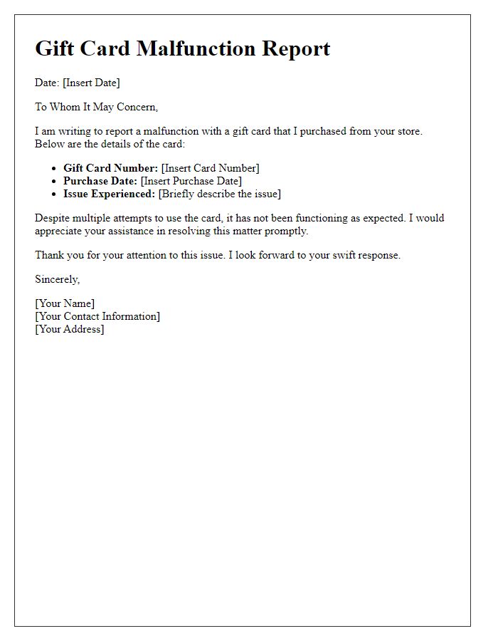 Letter template of gift card malfunction report