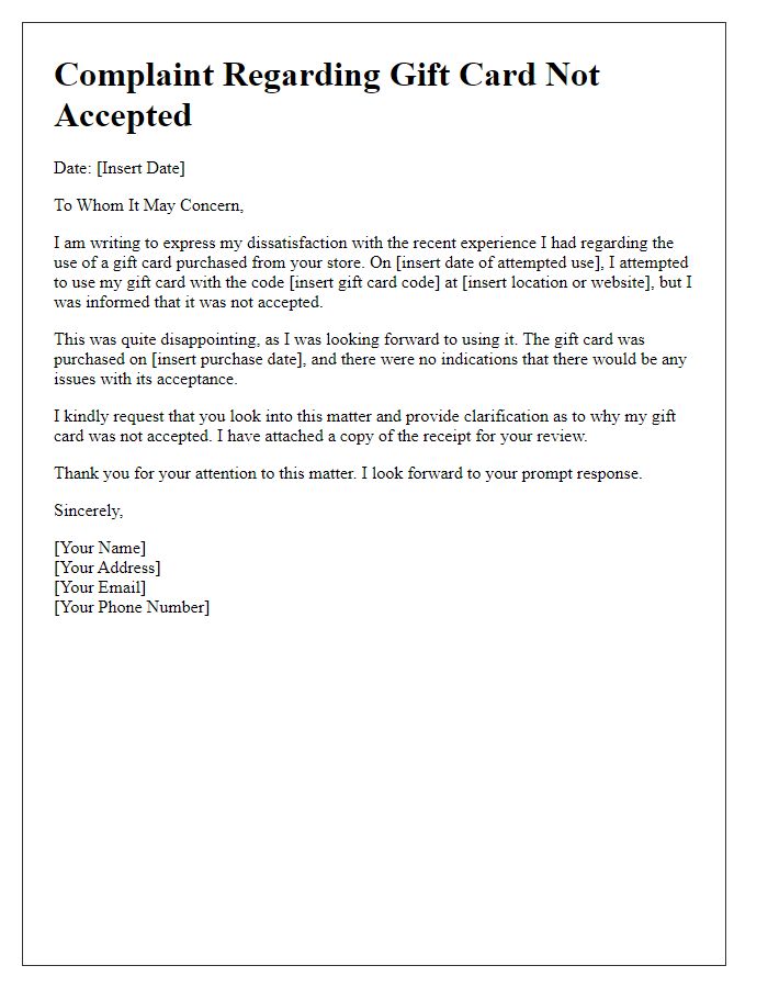 Letter template of gift card not accepted complaint