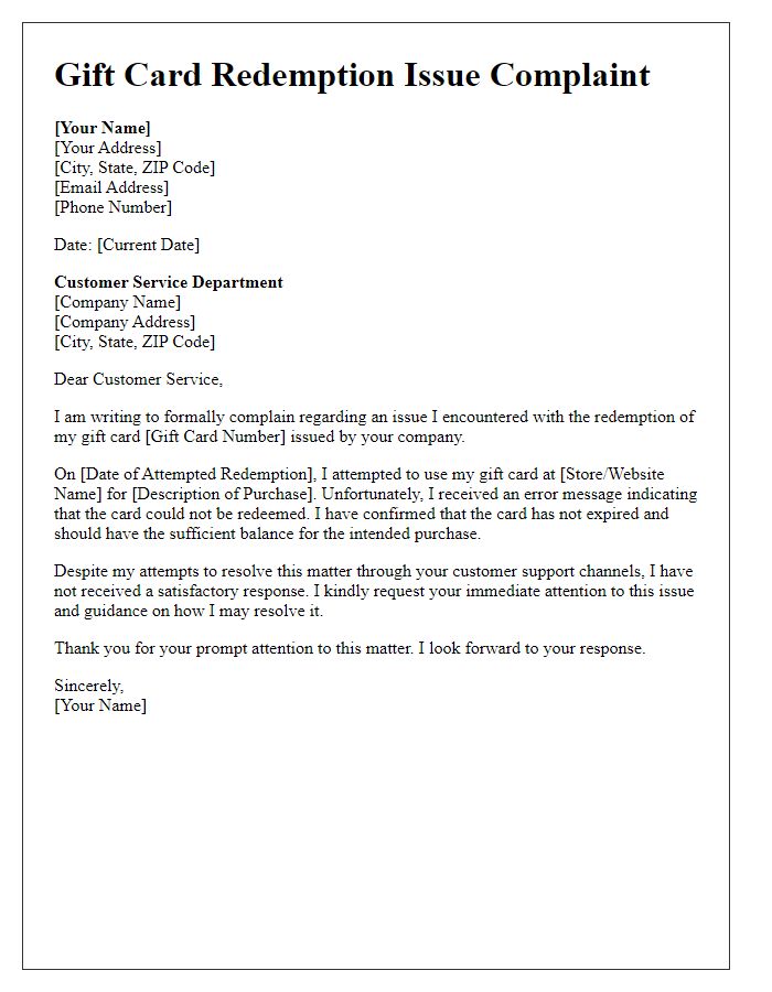 Letter template of gift card redemption issue complaint