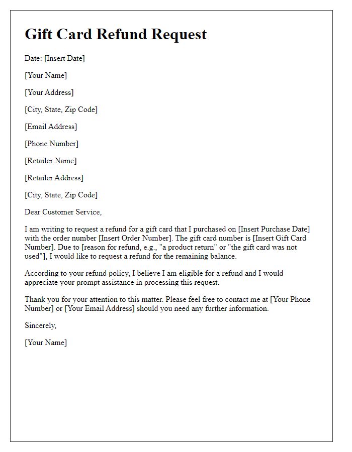 Letter template of gift card refund request