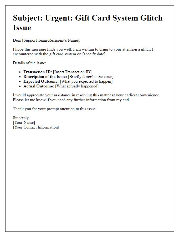 Letter template of gift card system glitch issue
