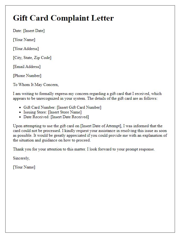 Letter template of gift card unrecognized complaint