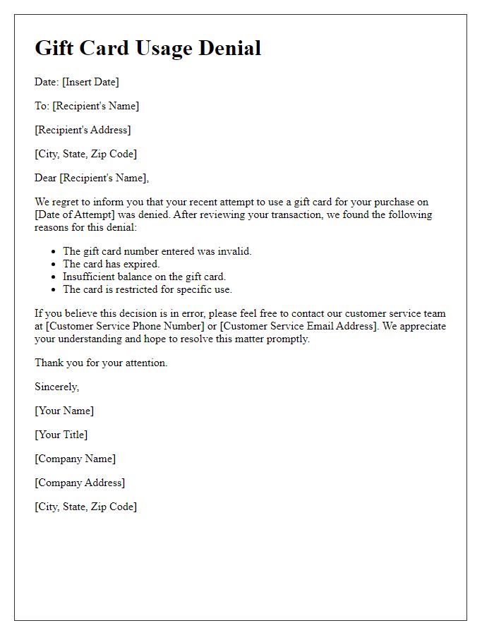 Letter template of gift card usage denial