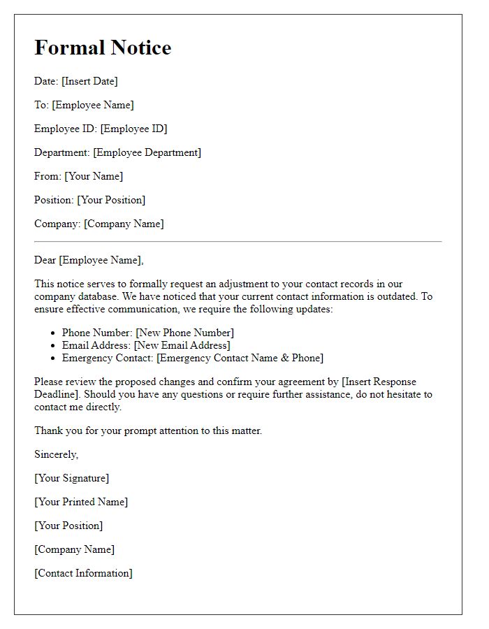 Letter template of formal notice for adjusting employee contact records