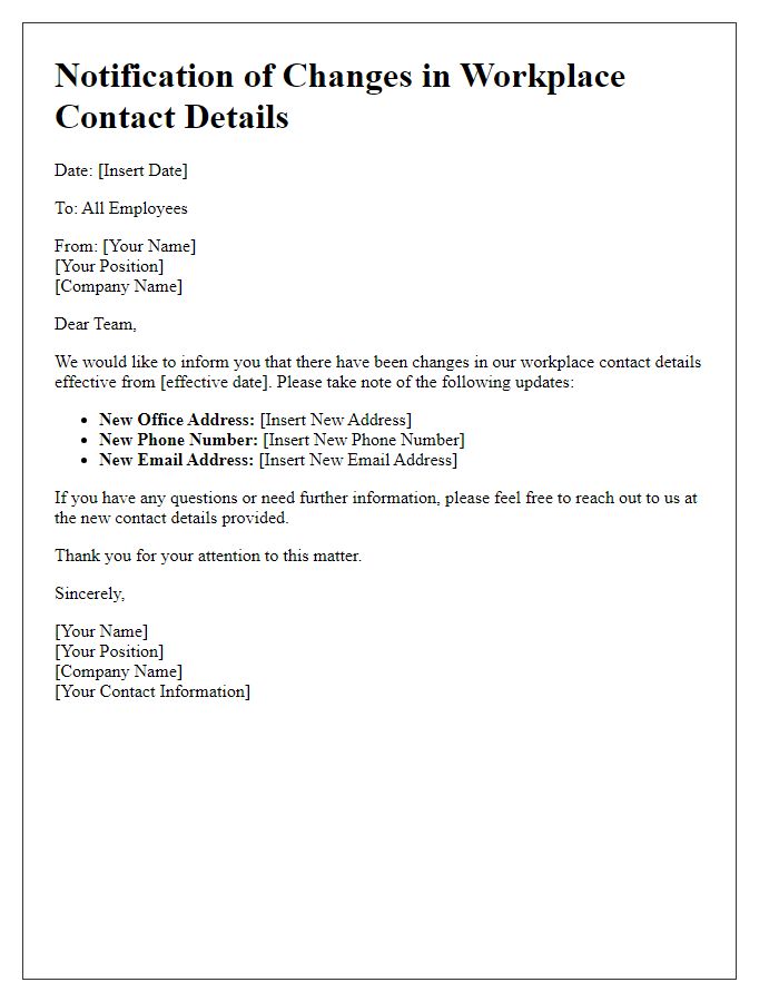 Letter template of notification for changes in workplace contact details