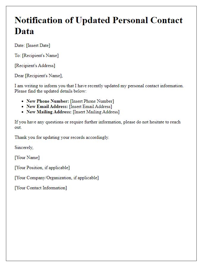 Letter template of notification regarding updated personal contact data