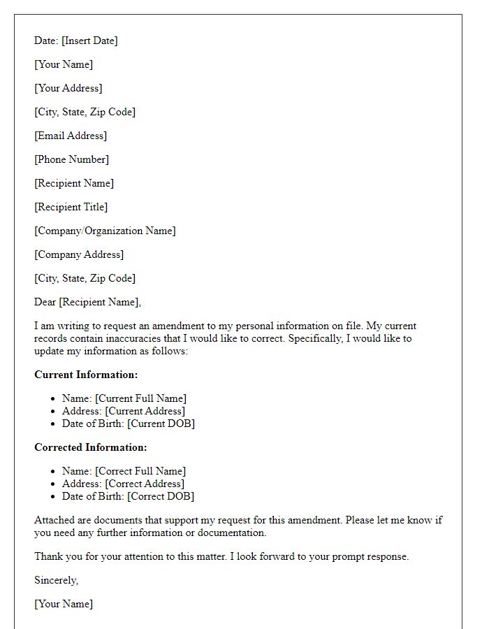 Letter template of request to amend personal information on file