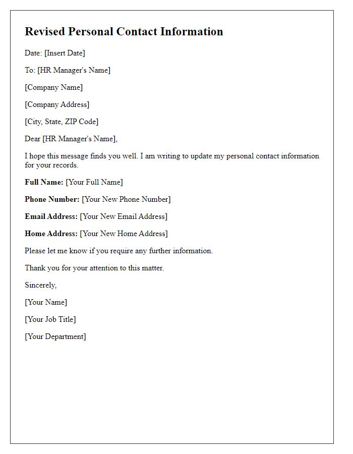 Letter template of revised personal contact information for HR