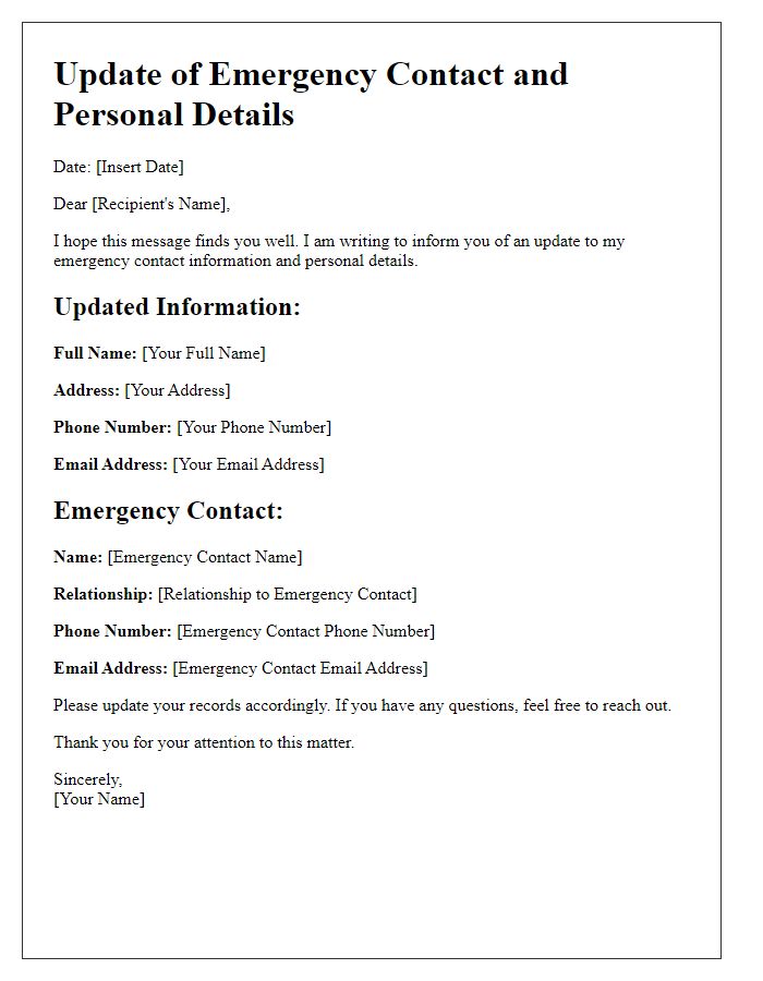 Letter template of update for emergency contact and personal details