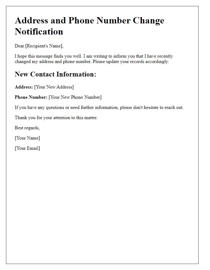 Letter template of update regarding address and phone number change