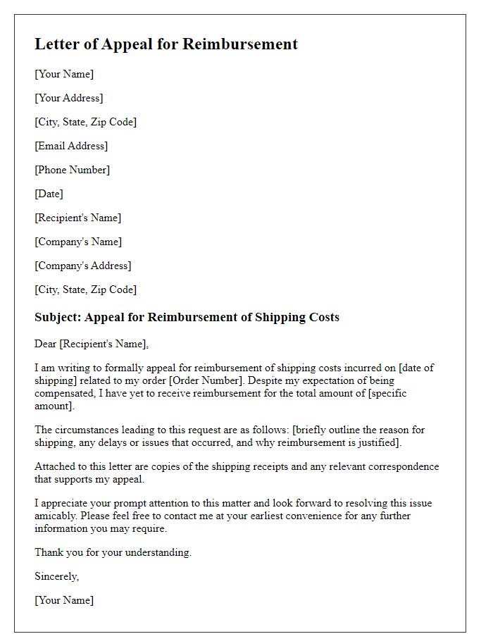 Letter template of appeal for reimbursement of shipping costs