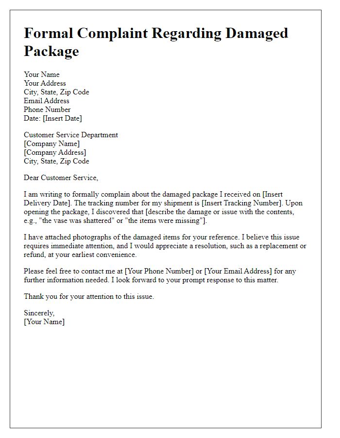 Letter template of formal complaint for damaged package