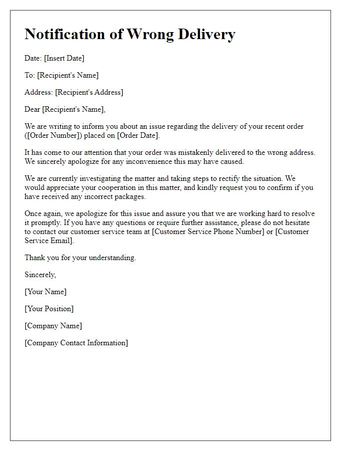 Letter template of notification on wrong delivery issues